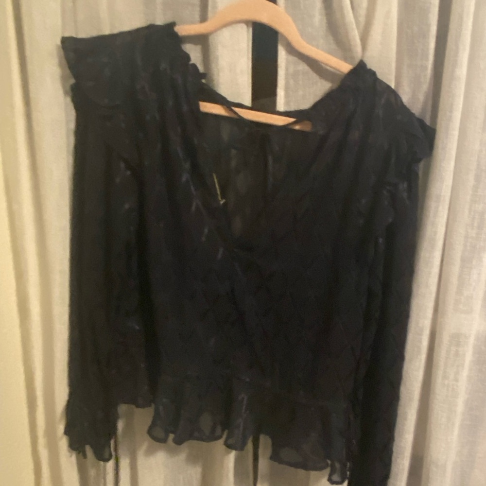 Katherine Kidd blue sheer ruffle blouse in size M